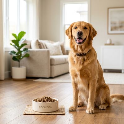 Happy golden retriever sitting next to a dog food bowl